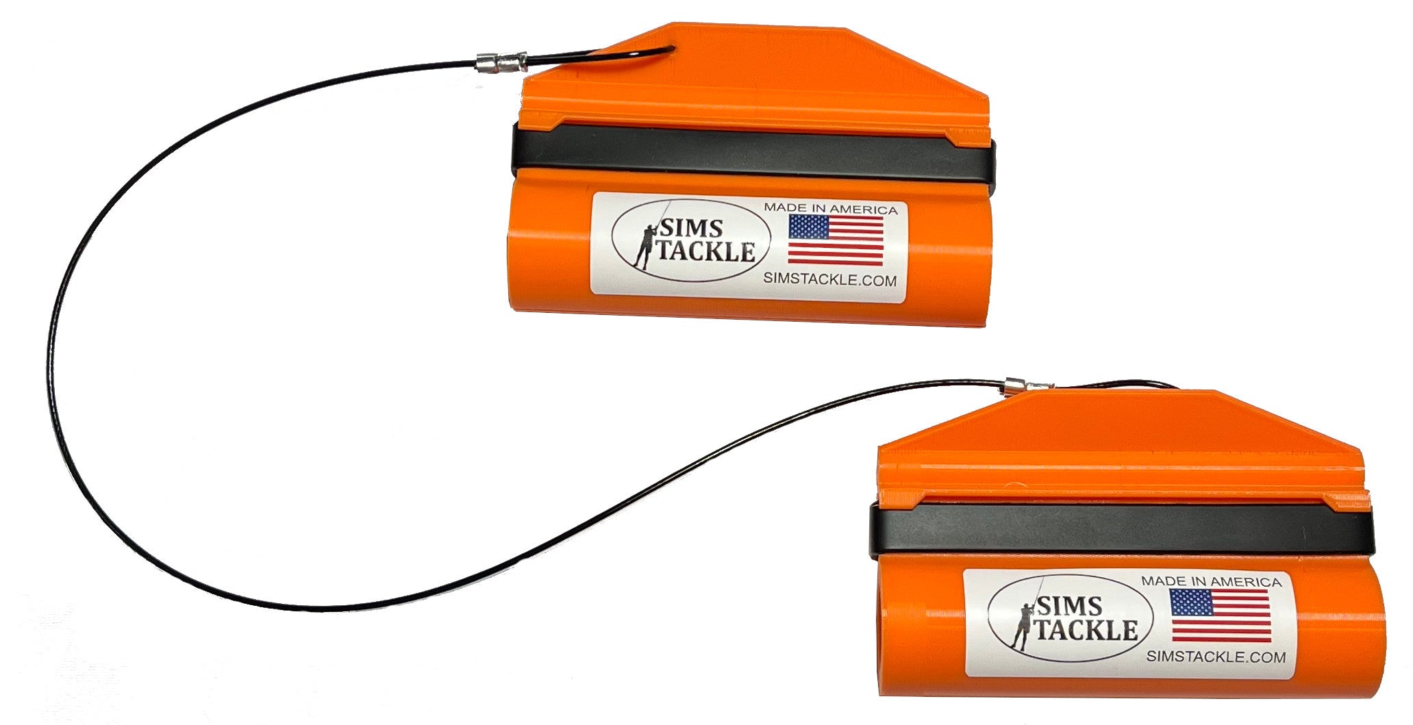 wo orange steer stops with cables and visible 'Sims Tackle' branding on a white background.